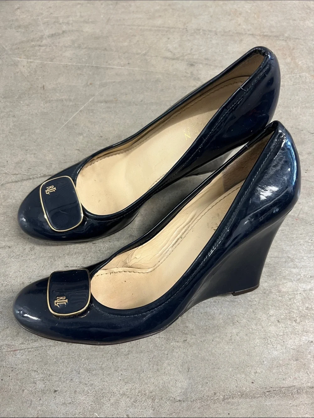 Ralph Lauren Navy Patent Leather Pumps with Gold RL Medallion